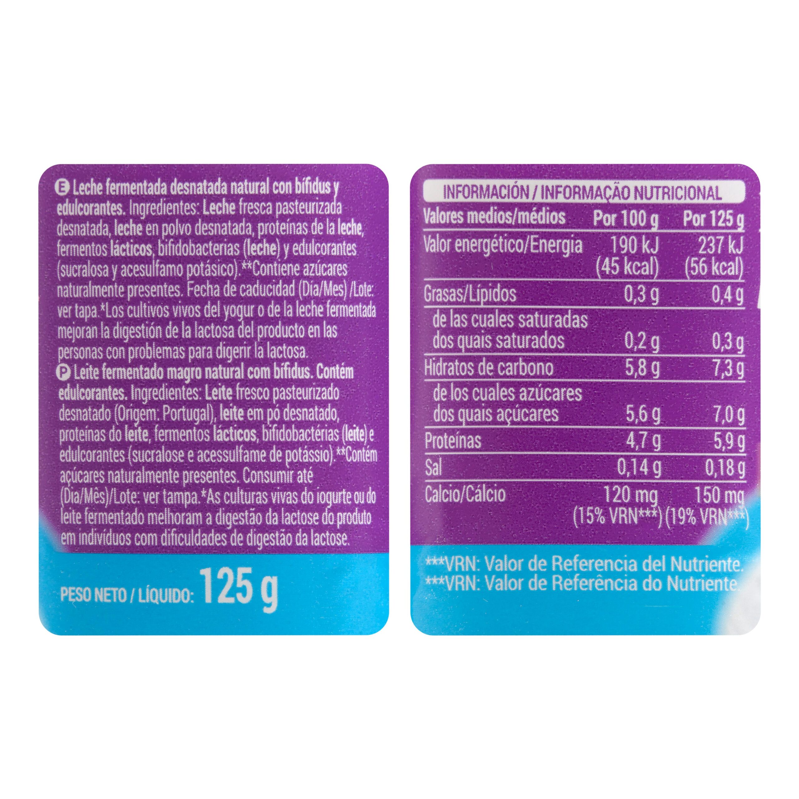 Etiqueta Bífidus cremoso desnatado natural edulcorado Hacendado 0% m.g 0% sin azúcares añadidos